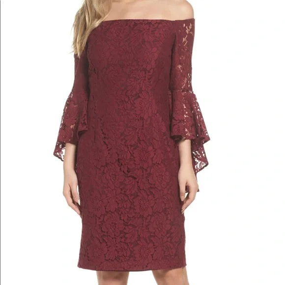 Chelsea28 Dresses | Chelsea 28 Off The Shoulder Sheath Lace Dress Burgundy. Long Bell Sleeve, Size 4 | Color: Red | Size: 4 | Sagt75's Closet